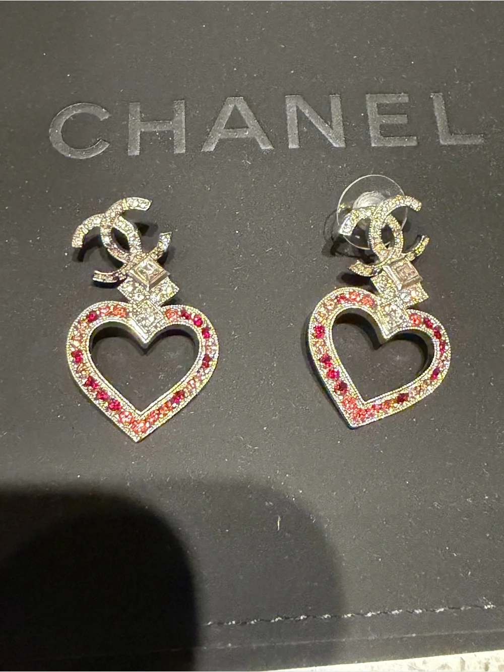 CHANEL Silver-Tone Crystal CC & Red Heart Drop Earrings